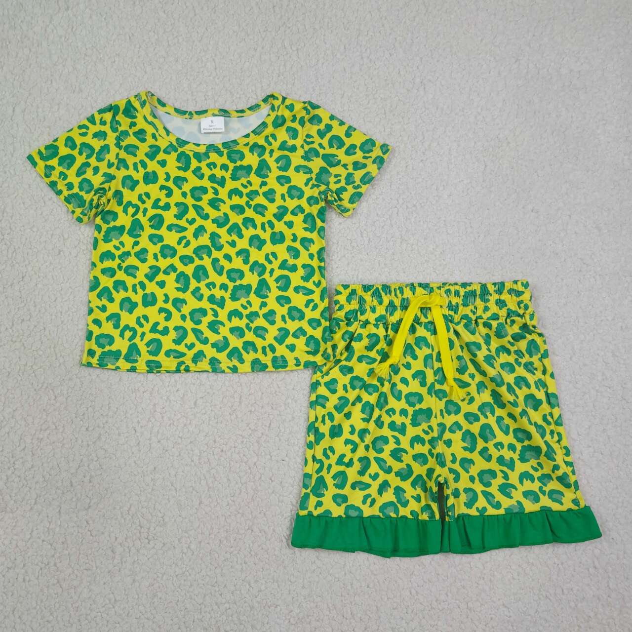 Green leopard design top matching shorts girls summer outfit