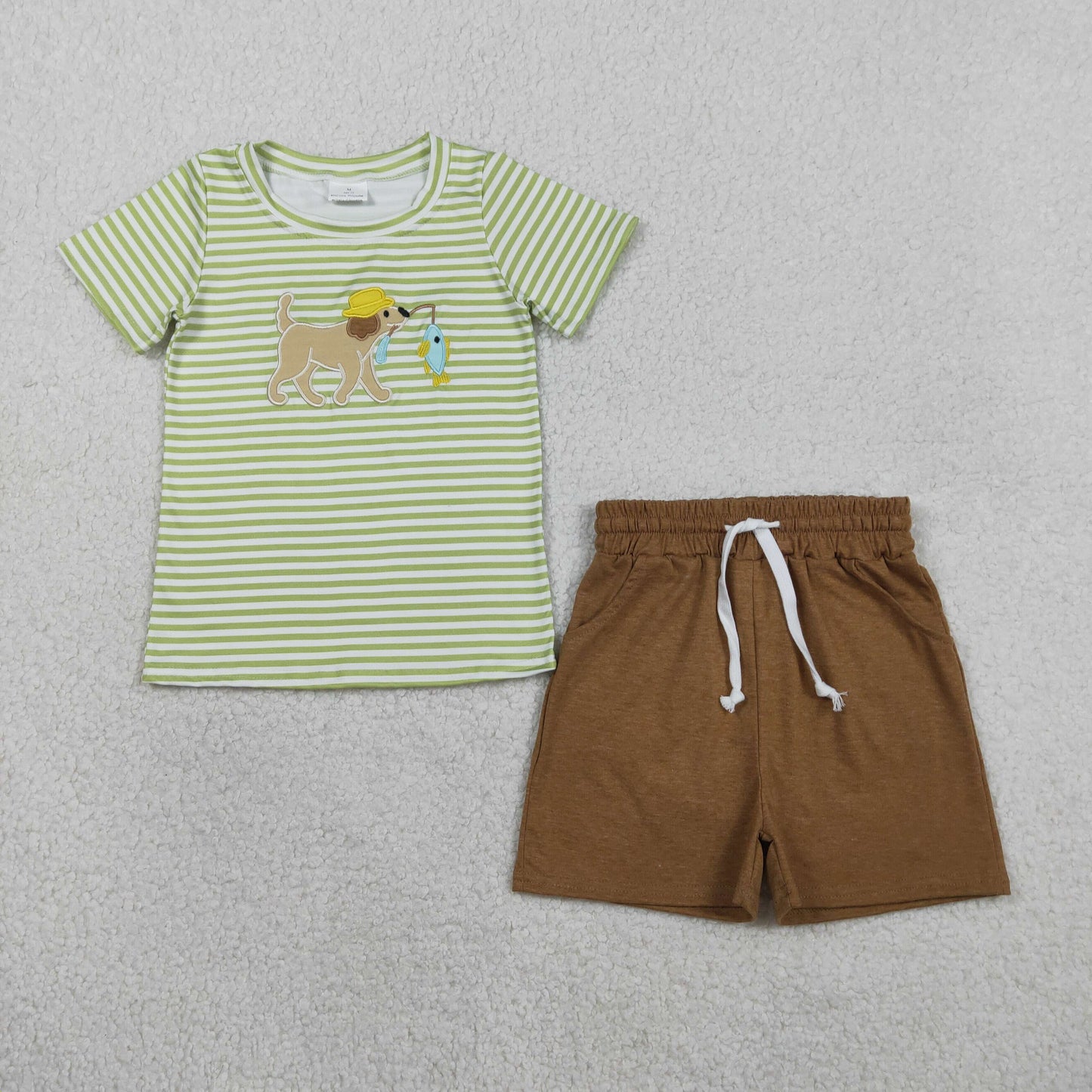 Embroidery Dog fishing top matching shorts boy summer outfit