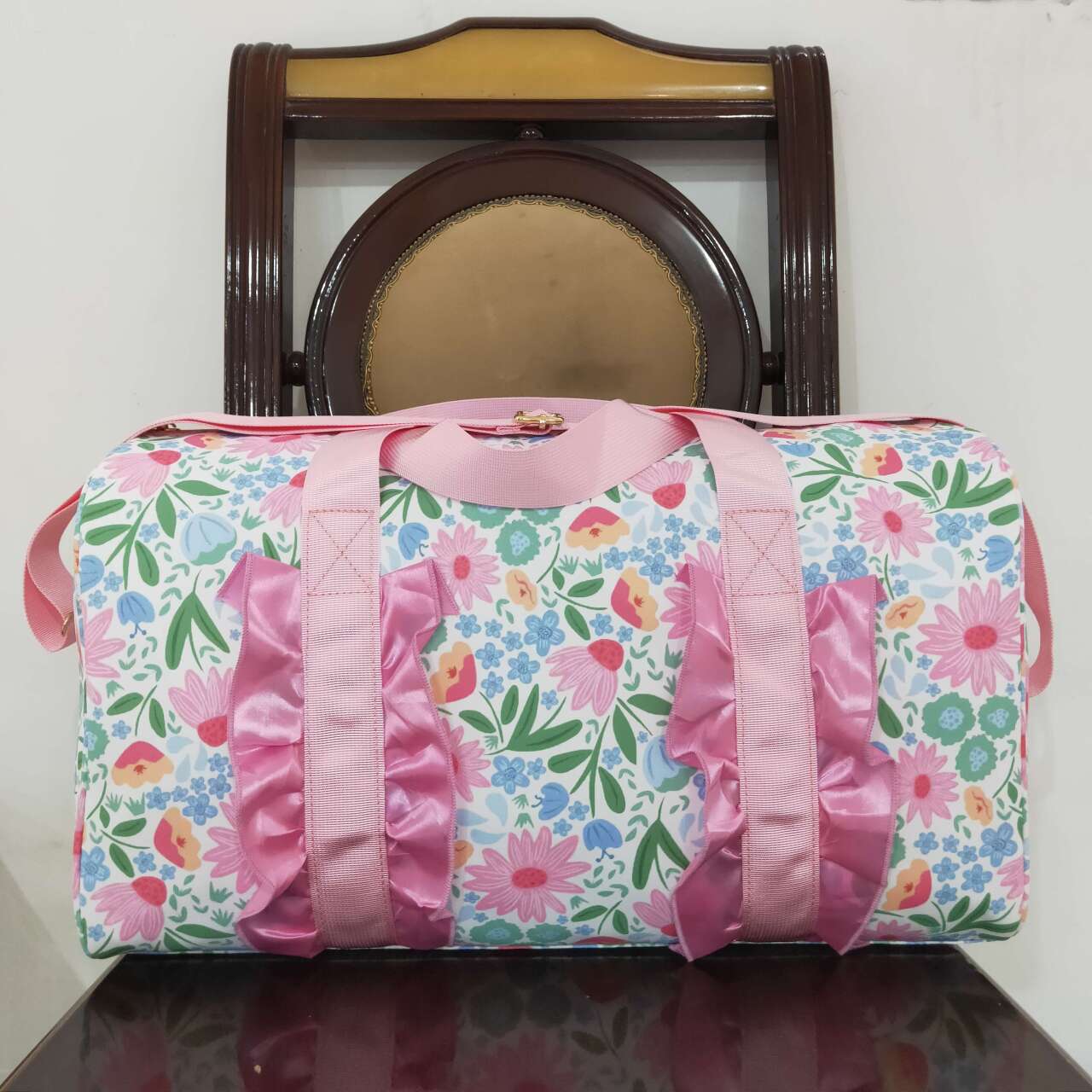 Pink flower duffel bag sports bag