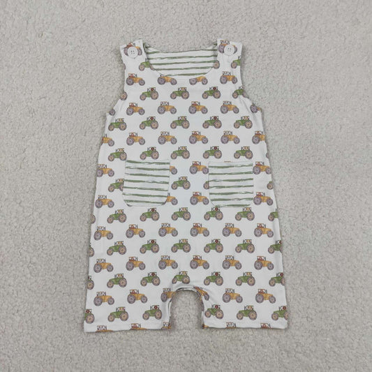 green farm tractor baby boy pocket romper