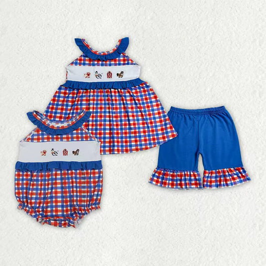 Embroidery Farm animal top matching shorts girls summer outfit