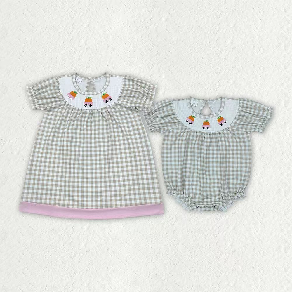 Fall pumpkin print girls short sleeve  smocked dress