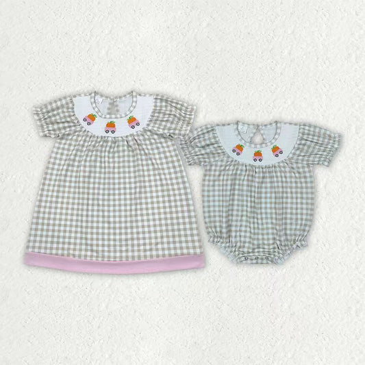 Fall pumpkin print girls short sleeve  smocked dress