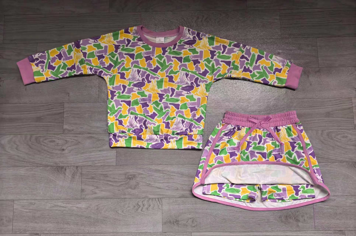 Mardi gras camo duck print long sleeve top matching  skirt girls outfit preorder
