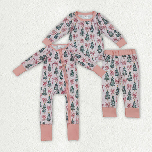Christmas tree pink bow girls long sleeve outfit