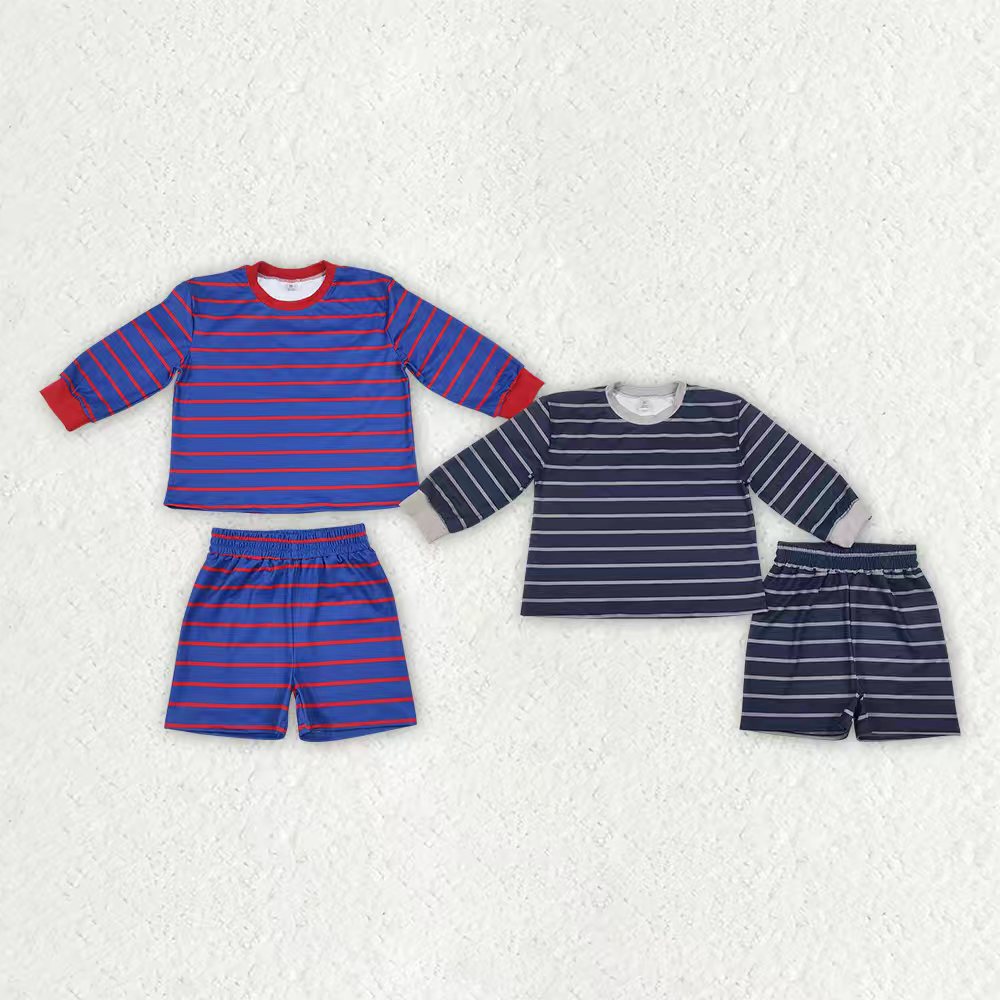 Royal blue stripes long sleeve yoga pullover top matching shorts girls outfit