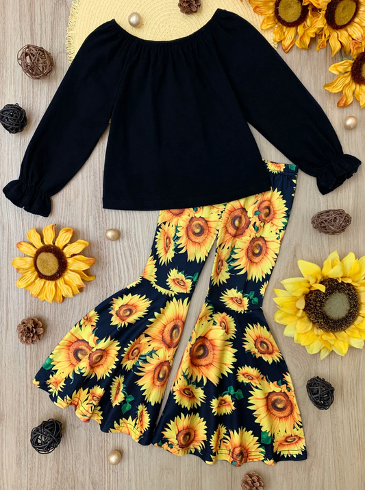 toddle baby girl black top sunflower bell bottoms clothes