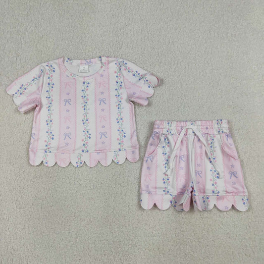 Pink blue bow design top matching shorts girls summer outfit