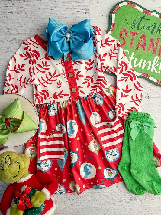 baby girl Christmas green face long sleeve dress