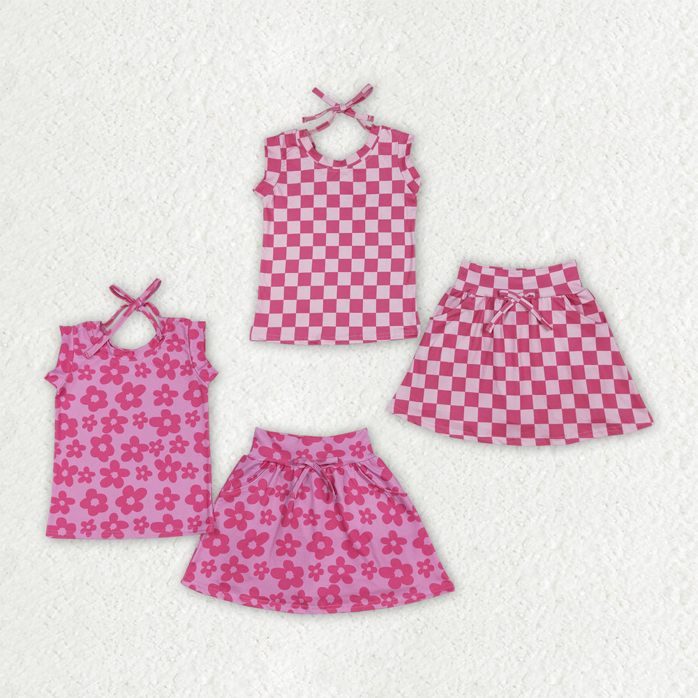 Hot pink flowers baby girls summer skirt set with shorts