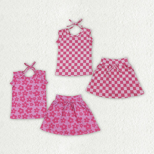 Hot pink flowers baby girls summer skirt set with shorts