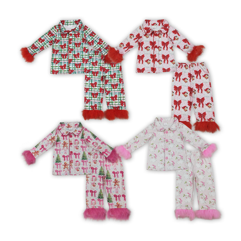 Christmas santa claus red bow long sleeve fur pajama set outfit