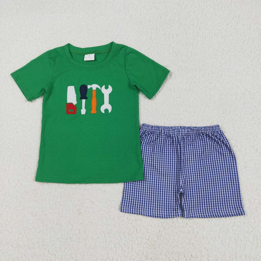 Embroidery green tool top plaid shorts baby boy outfit