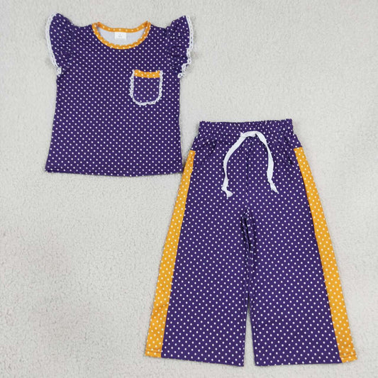 Purple polka dots flutter sleeve top matching pants girls outfit