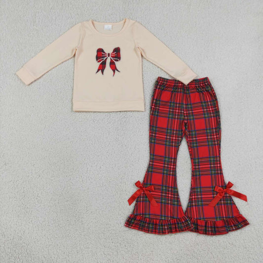 Long sleeve Christmas bow embroidery top matching pants Christmas wholesale factory price outfit