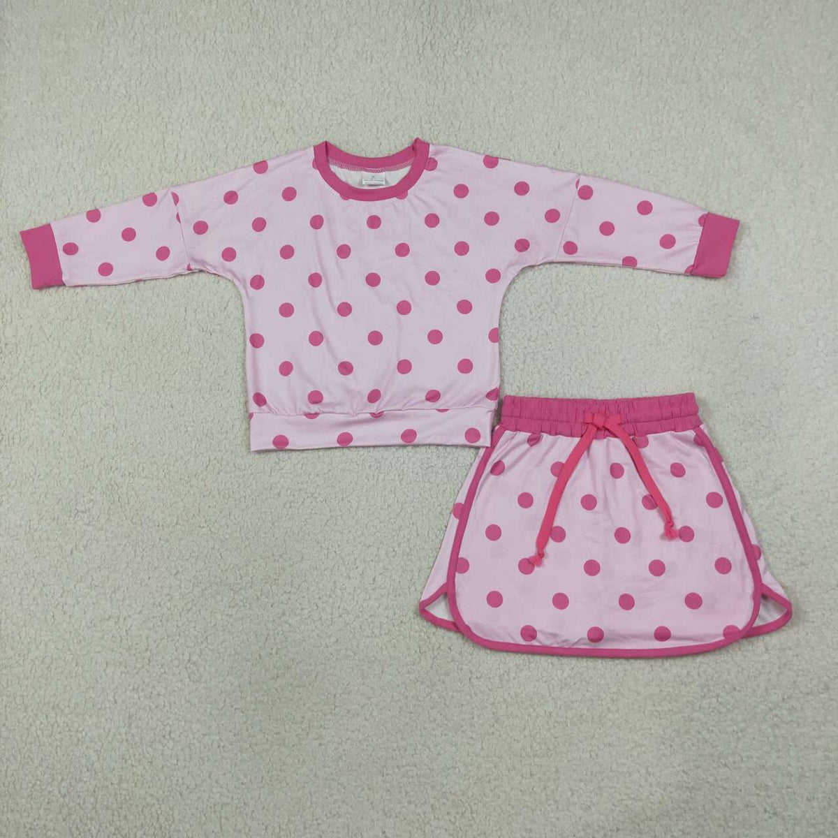 Lt pink color polka dots long sleeve top matching shorts girls outfit