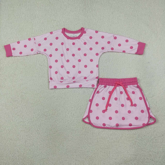 Lt pink color polka dots long sleeve top matching shorts girls outfit