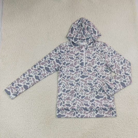 Adult women grey camo long sleeve hoodie top