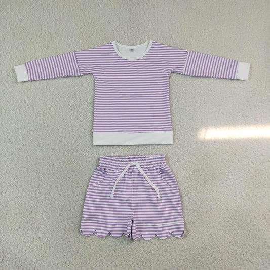 Lavender stripes long sleeve yoga pullover top matching shorts girls outfit