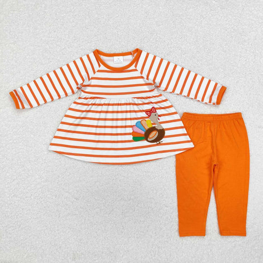 baby girl embroidery Thanksgiving turkey orange stripes tunic top matching pants boutique fall winter clothes