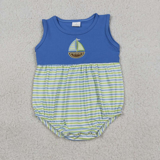 Embroidery Sailboat design baby boy summer romper