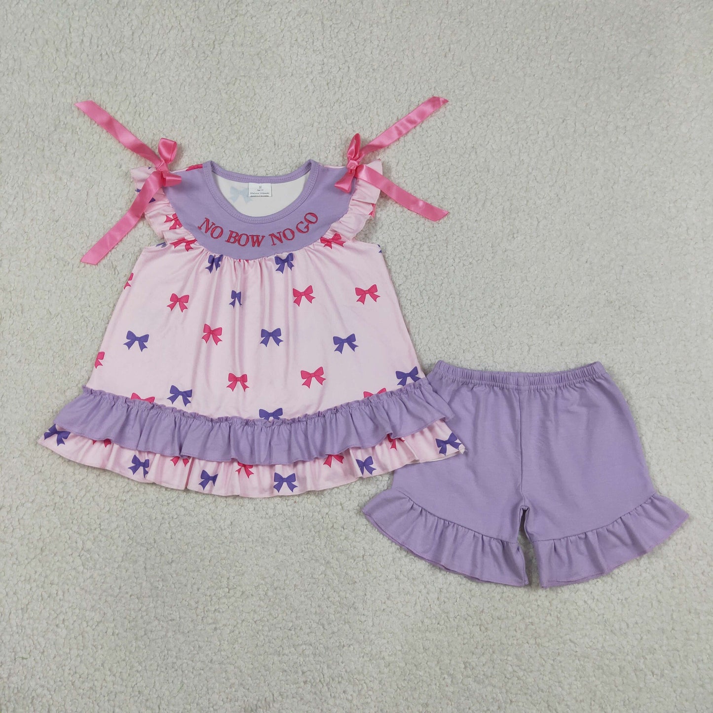 Embroidery No bow no go top matching shorts girl summer outfit