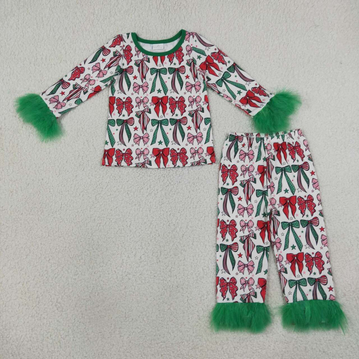Long sleeve Christmas red black bow top fur sleeve matching pants girl wholesale factory price clothes