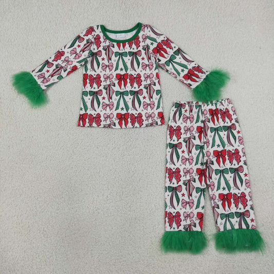Long sleeve Christmas red black bow top fur sleeve matching pants girl wholesale factory price clothes