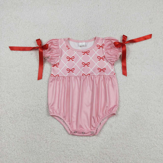 Valentines red bow design girls short sleeve romper