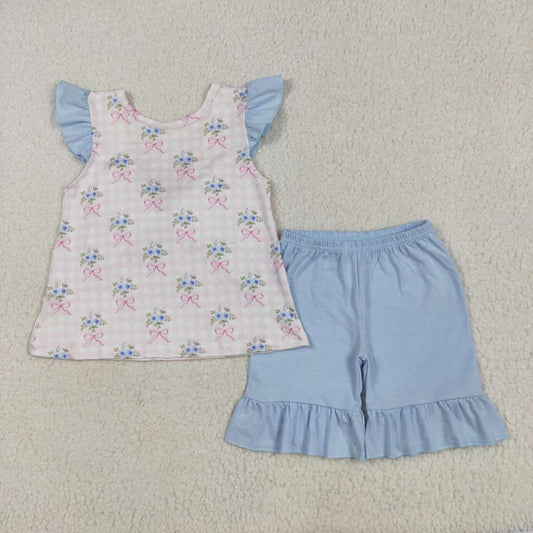Baby girl pink bow floral top matching shorts summer outfit