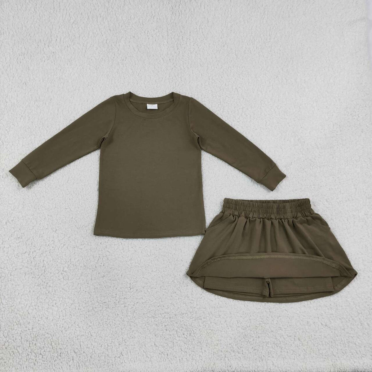 Olive Green long sleeve top matching skorts girls set outfit