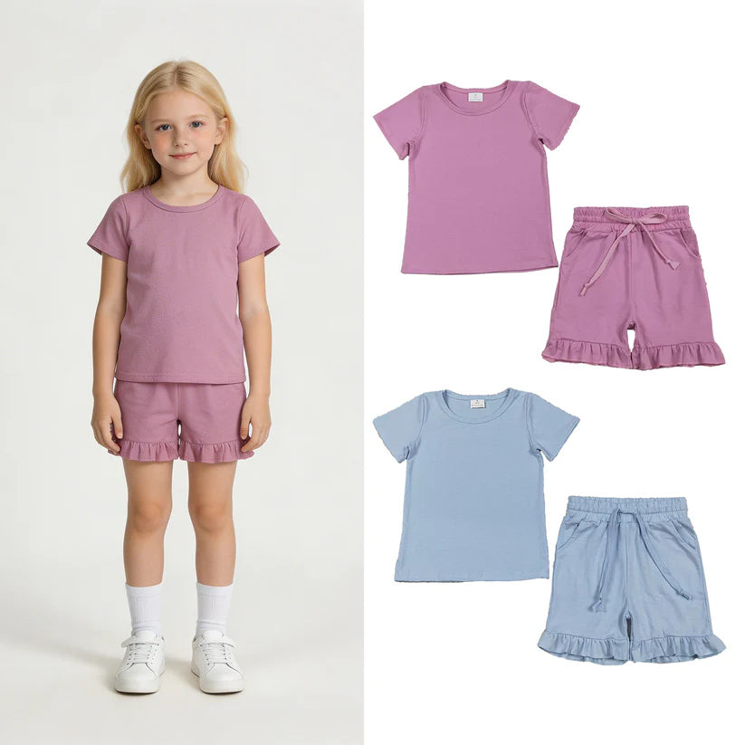 Blue short sleeve top matching shorts girls summer outfit