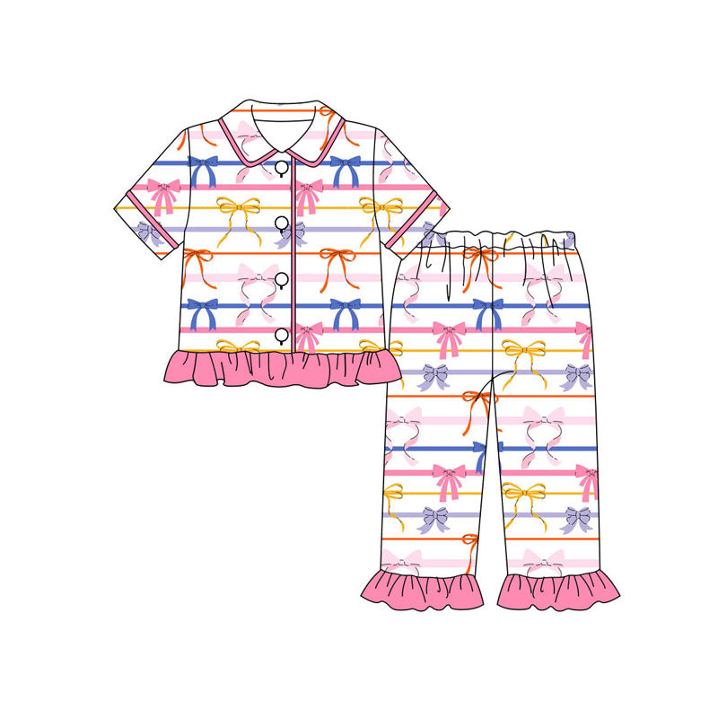 Colorful bow kids girls short sleeve pajama set wholesal factory price