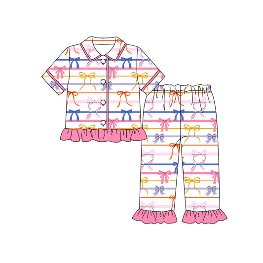Colorful bow kids girls short sleeve pajama set wholesal factory price