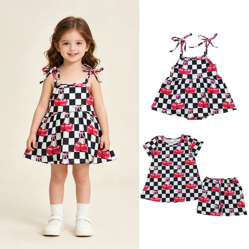 Black checkered cherry top matching short girl summer outfit