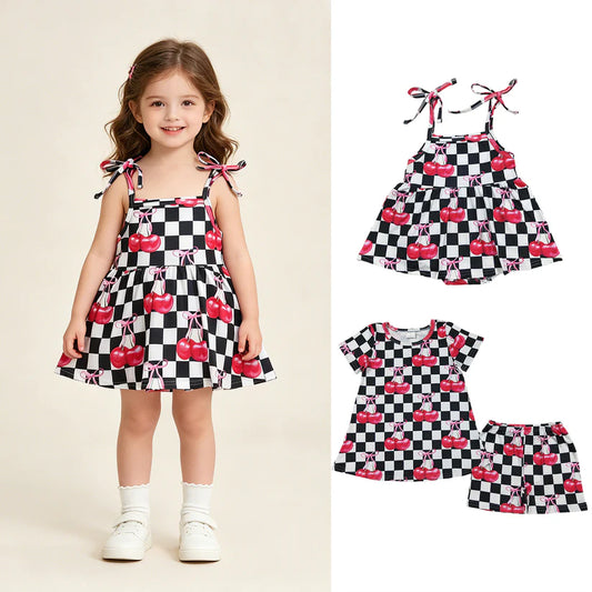 Black checkered cherry top matching short girl summer outfit
