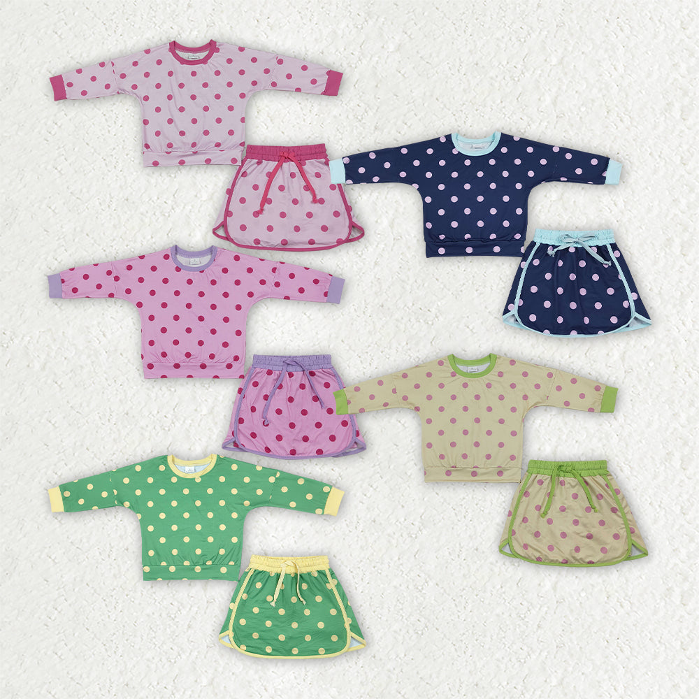 Navy color polka dots long sleeve top matching shorts girls outfit