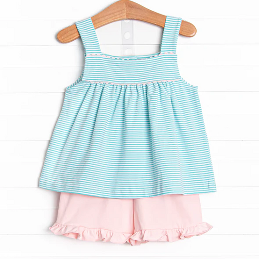blue stripes pink short girls summer boutique clothes