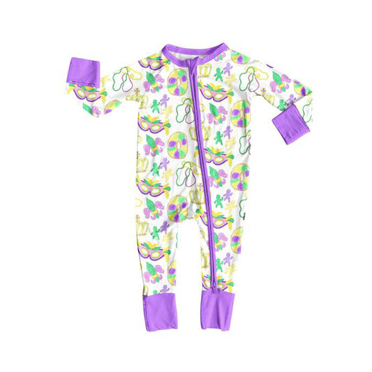 toddle baby Mardi Gras mask long sleeve zip romper