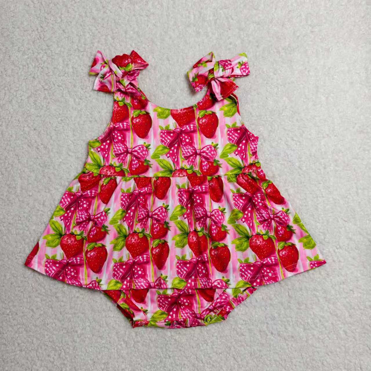 Strawberry print girls summer dress romper best sister wholesale kids clothes