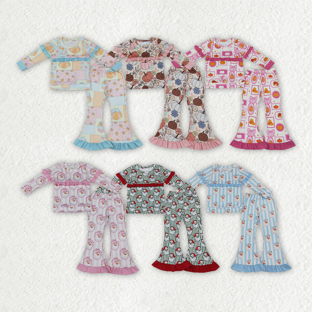 Christmas santa claus long sleeve top matching pants girl outfit