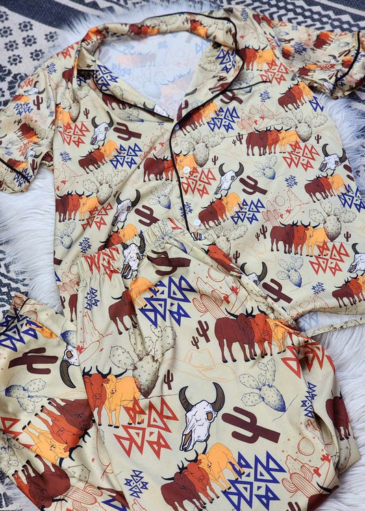 cowboy western cactus wholesale boutique short sleeve button down pajama set