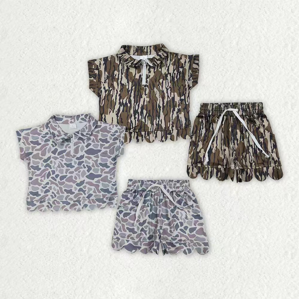 Grey Camo short sleeve pullover top matching shorts girl summer outfit