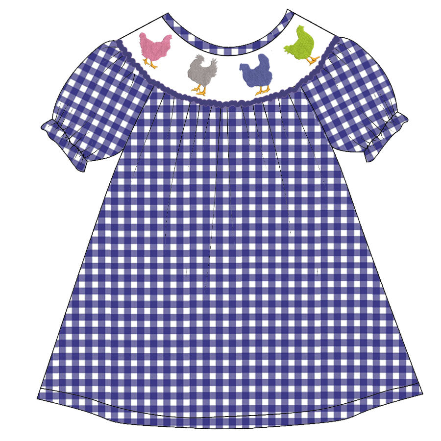 toddle girls short sleeve chicken print blue gingham dress