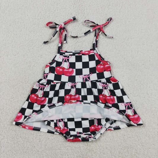 Black checkered cherry design baby short sleeve romper