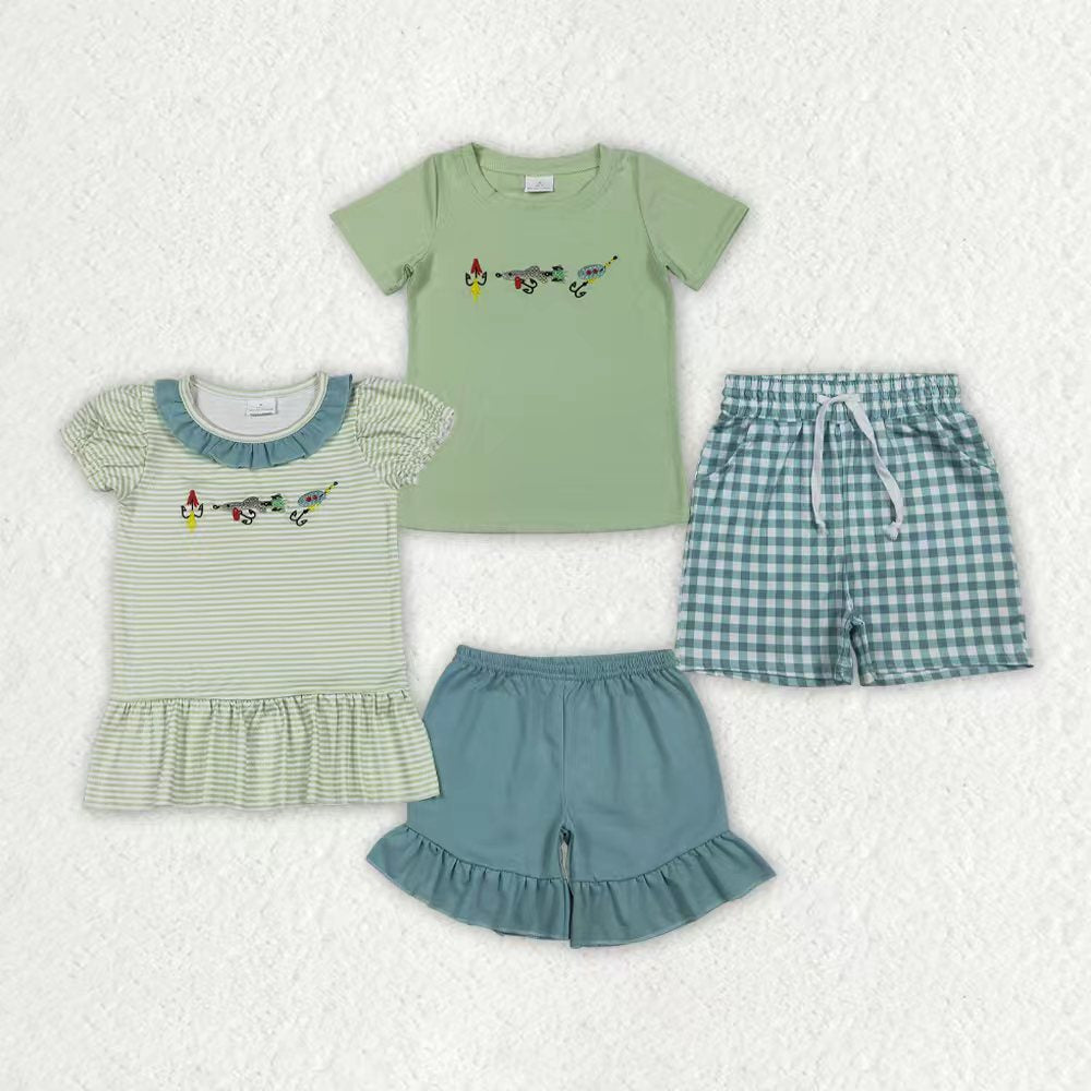 Embroidery Fishing shirt matching shorts boys outfit