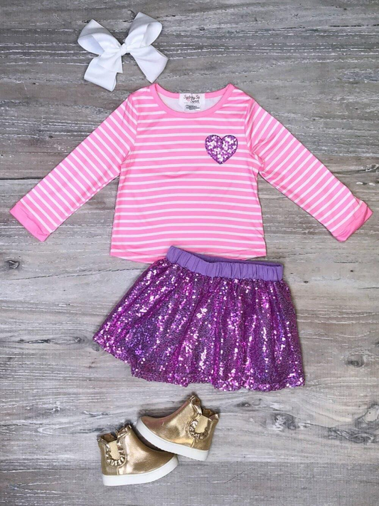 girls short sleeve heart top matching sequins skirt outfit