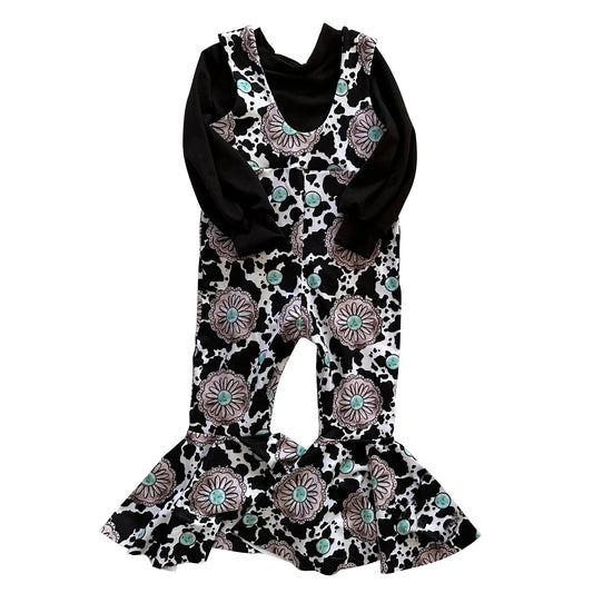 black long sleeve shirt turquoise suspender jumpsuit 2pcs outfit