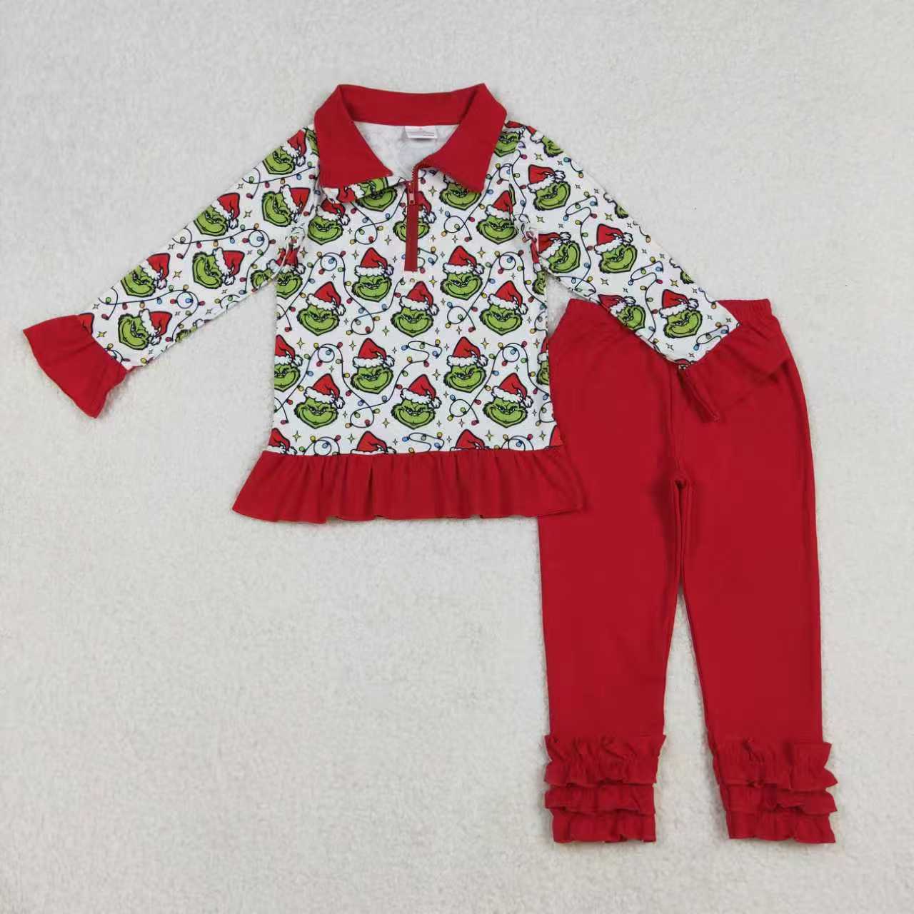 Christmas green face kids girls matching pajama set