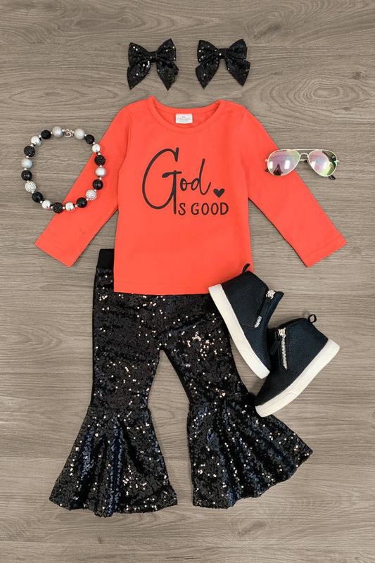 god is good top black sequins bell bottoms outfit